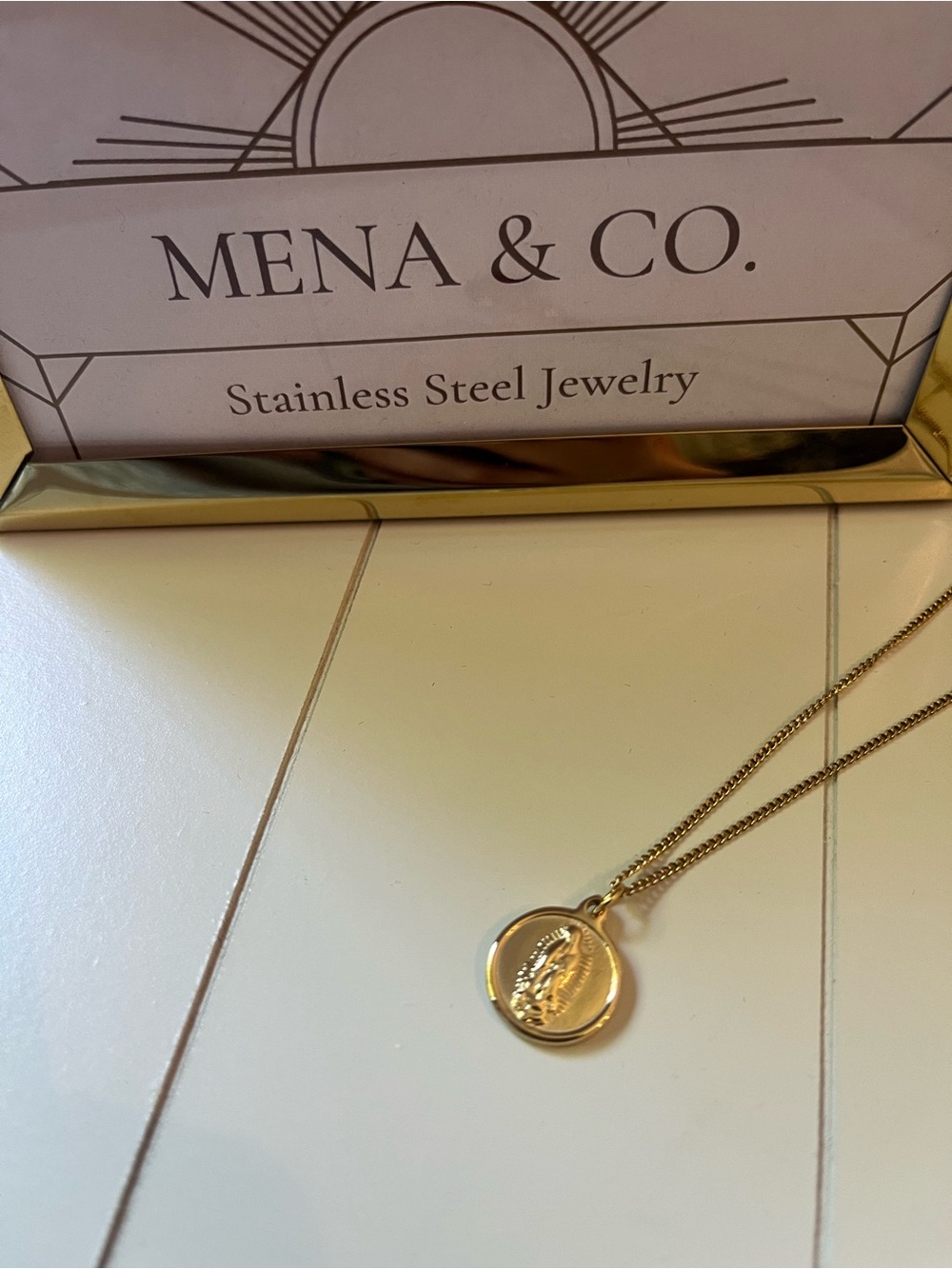 Gold Stainless Steel Delicate Virgen Mary Medallion Pendant Necklace